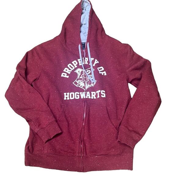 Harry Potter Men's Maroon speckled w white Hooded Property Of Hogwarts Sweater S - Picture 1 of 7